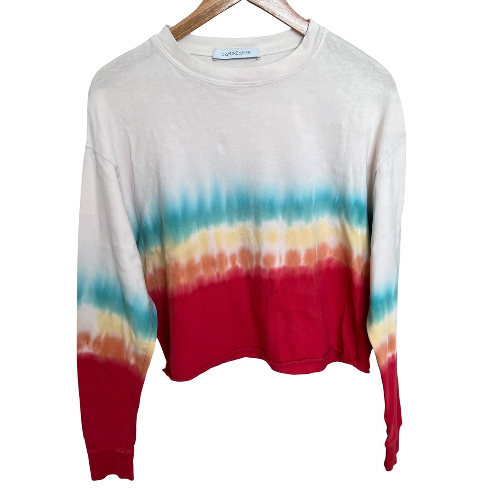 Daydreamer Lily Pad Multicolor Tie Dye Long Sleeve Cropped Raw Hem Tee Shirt XS